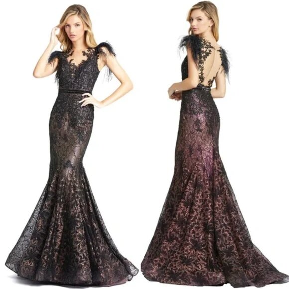 Mac Duggal 79230 Size 12 Black Feather Sleeve Illusion Neck Trumpet Gown Dress - Picture 4 of 5